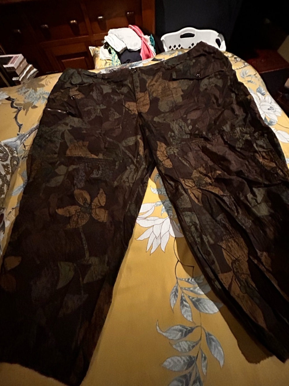 Anthropologie Olive and Brown Floral Utility Trousers